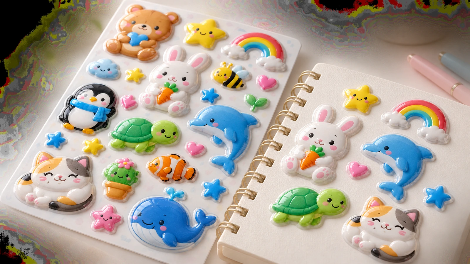 Tier-Puffy-Sticker-Bogen neben einem Spiralnotizbuch, das mit passenden Stickern verziert ist