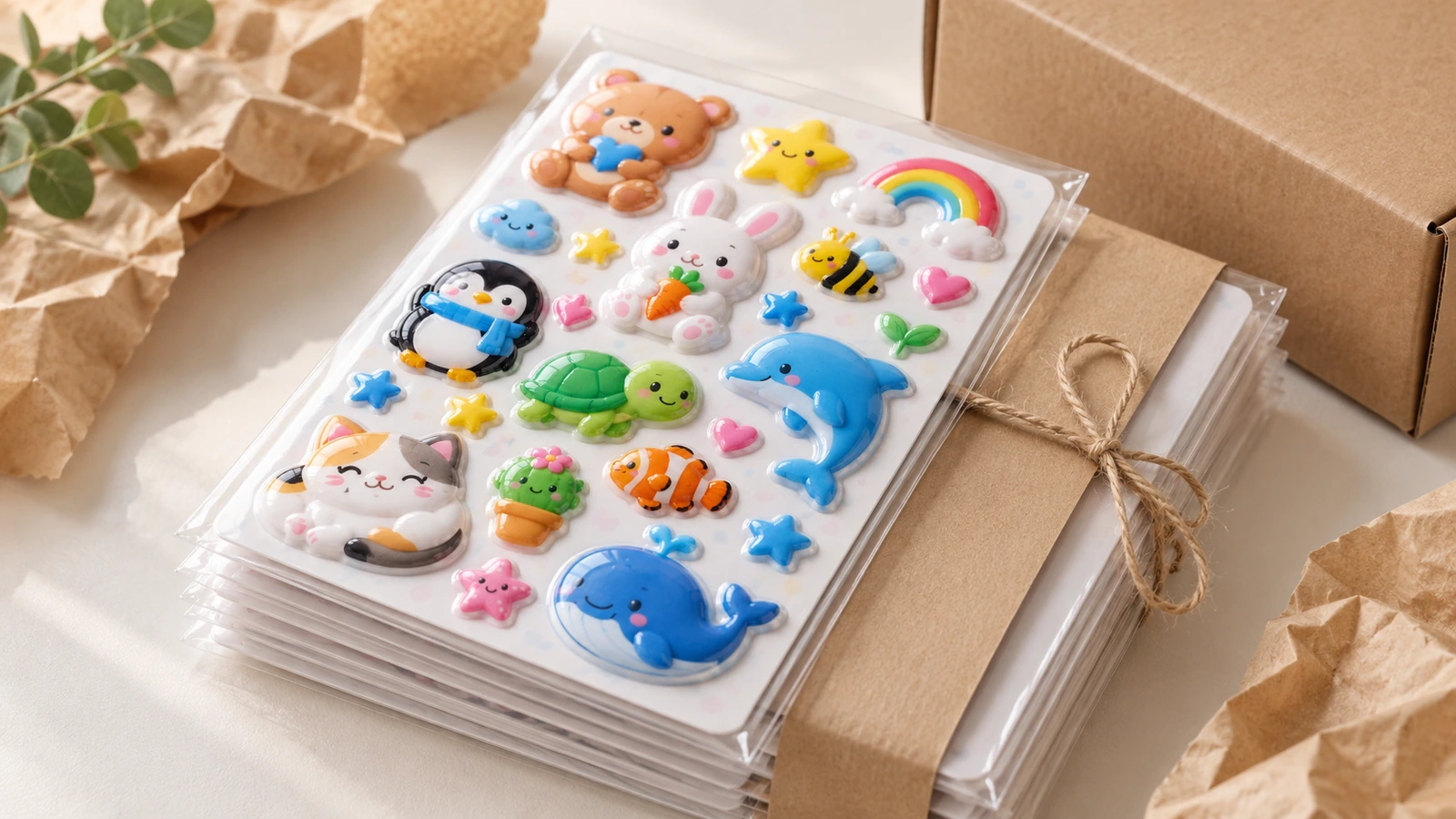 Stapel Puffy-Sticker-Bögen in klaren Hüllen neben einem in Kraftpapier verpackten Paket und einem Karton