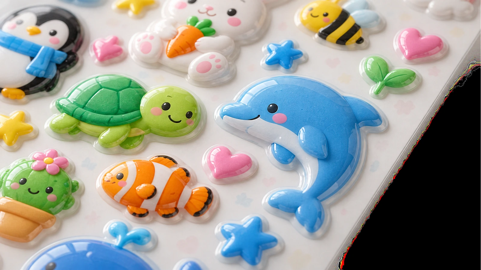 Nahaufnahme glänzender Puffy-Sticker mit Delfin, Schildkröte, Hase und Fisch auf einem Bogen