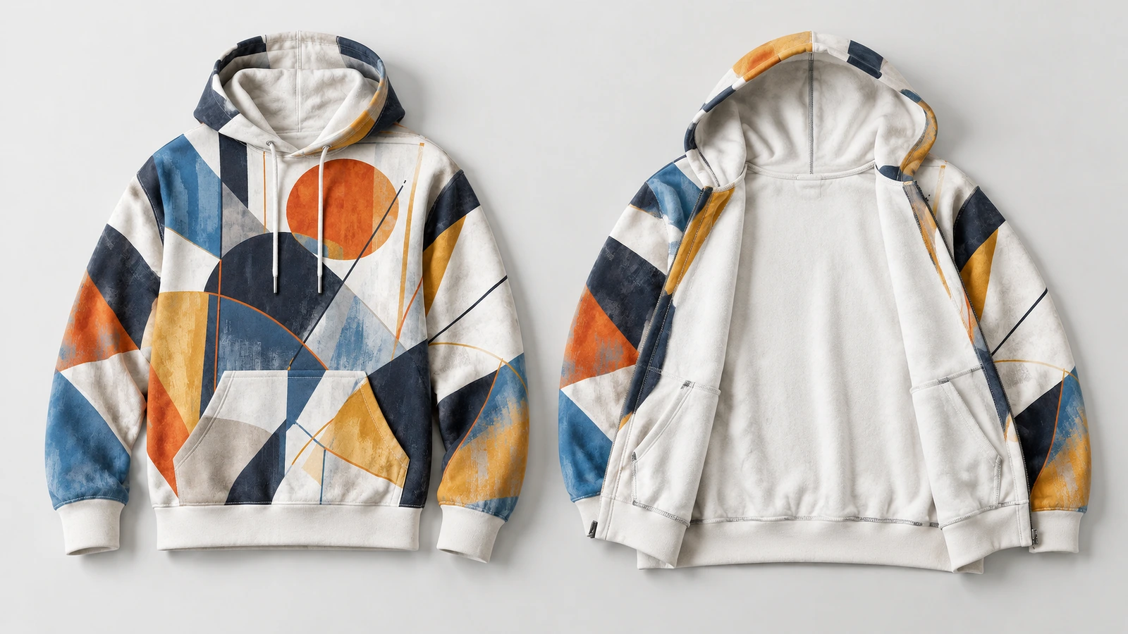 Pullover-Hoodie, gezeigt mit bedruckter Vorderseite und freiliegender heller Innenseite