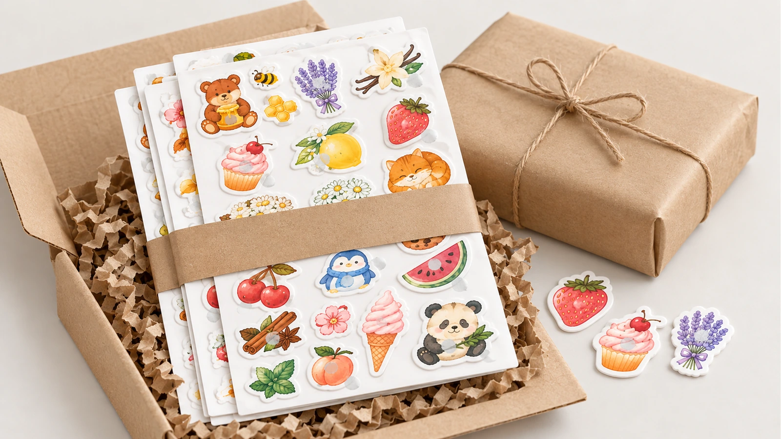 Illustrierte Sticker-Bögen, mit einem Kraftpapierband in einer offenen Schachtel gehalten, neben einer mit Schnur gebundenen Schachtel