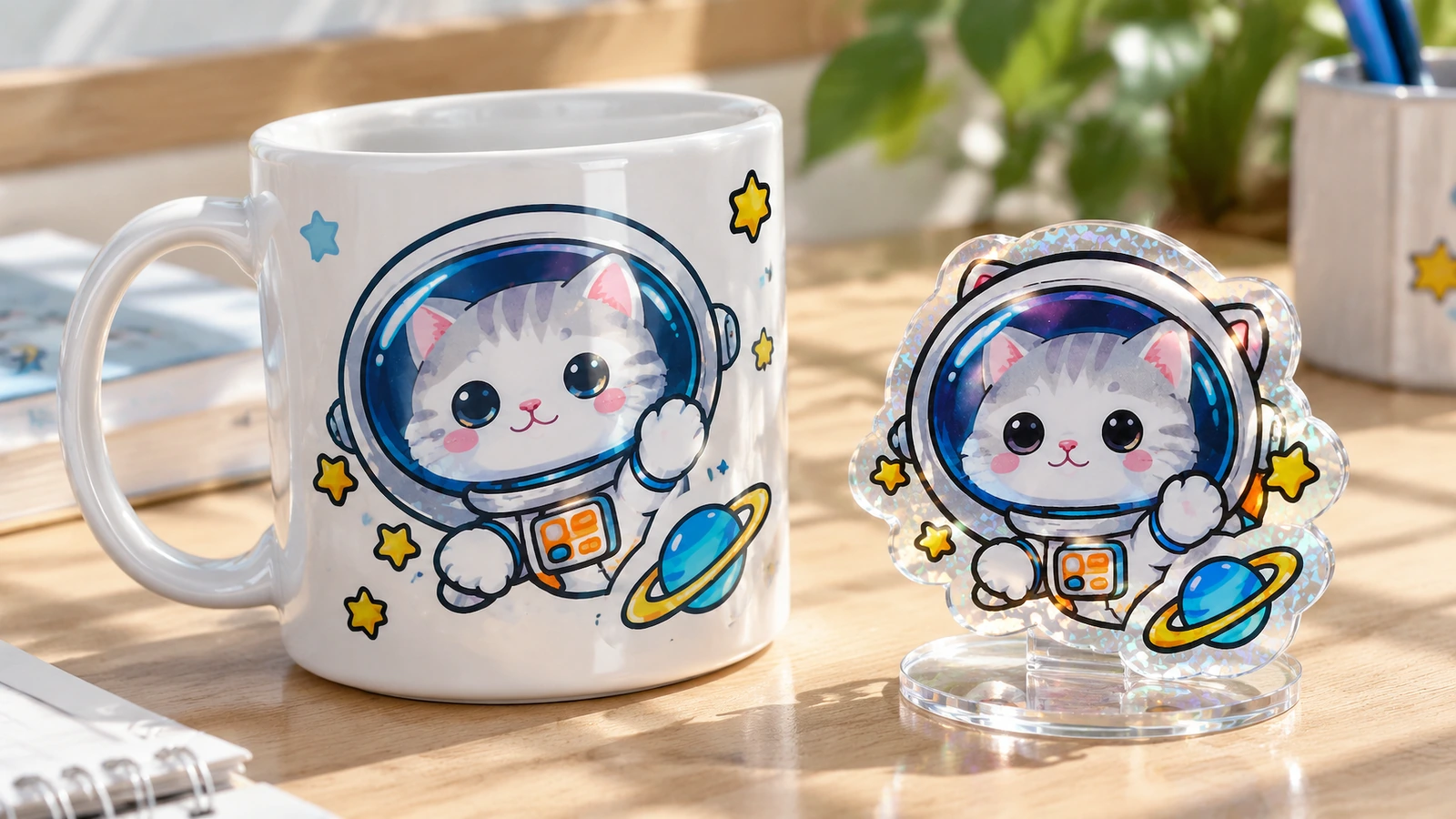 Astronautenkatzen-Design auf einer weißen Tasse neben einem passenden Zuschnitt, der auf einem klaren Ständer ausgestellt ist