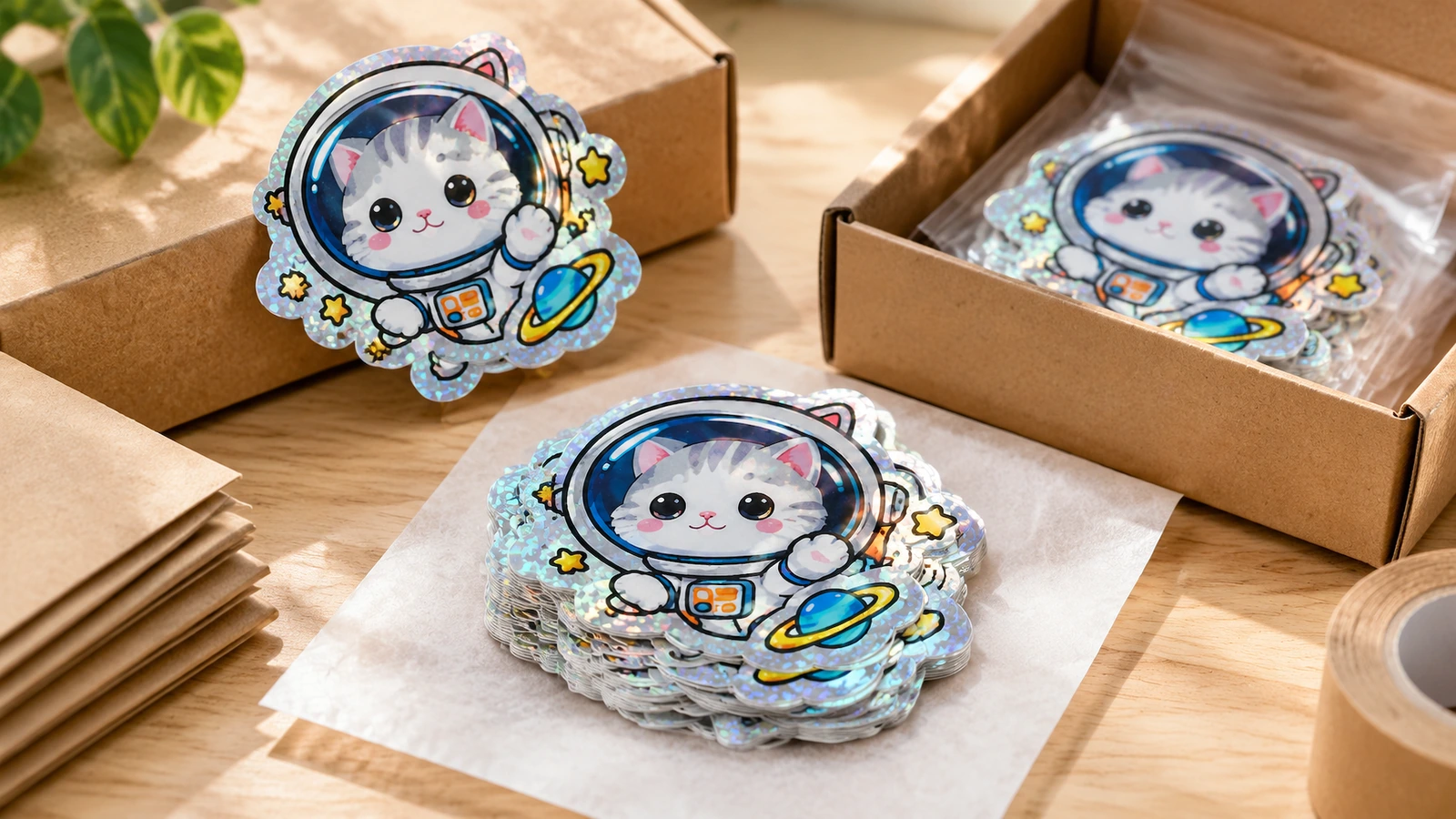 Astronautenkatzen-Aufkleber neben Kraftpapier-Verpackung, mit einem Aufklebersatz auf Seidenpapier und verpackten Aufklebern in einer offenen Schachtel