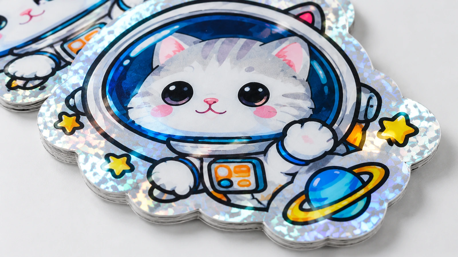 Nahaufnahme gestapelter Astronautenkatzen-Aufkleber mit glänzend gemustertem Rand, Sternen und einem blauen Ringplaneten