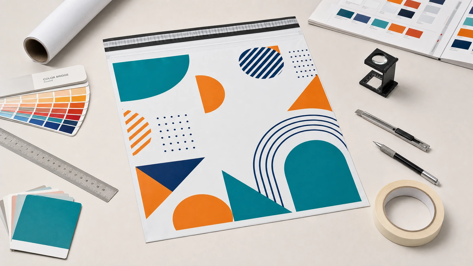 Designansicht der Versandtasche mit geometrischem Druck Illustration einer Versandtasche mit geometrischem Druck neben Farbmustern, einem Lineal und Gestaltungswerkzeugen