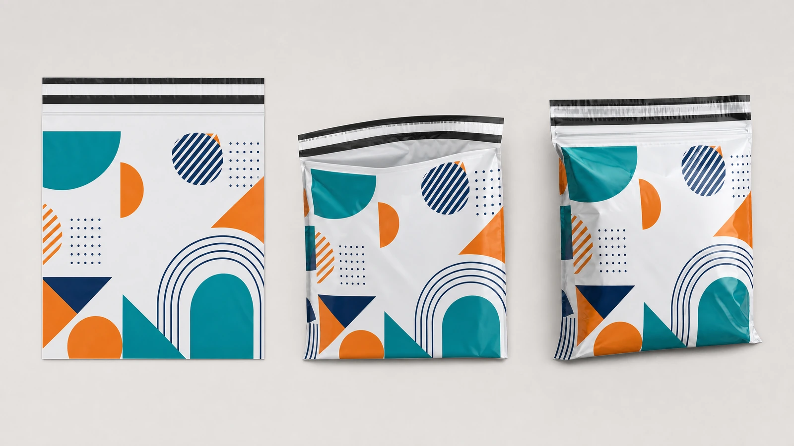 Vergleich flacher, geöffneter und gefüllter Versandtaschen Illustration einer flachen, einer geöffneten und einer gefüllten Versandtasche