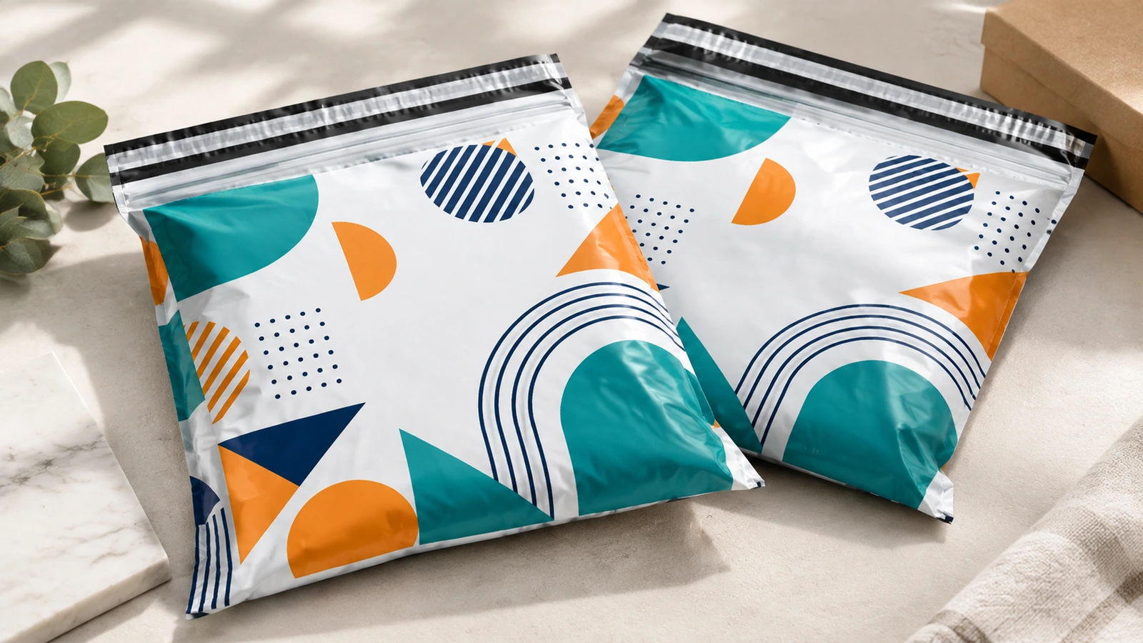 Gefüllte Versandtaschen mit geometrischem Druck Illustration von zwei gefüllten Versandtaschen mit geometrischem Druck neben Kartons