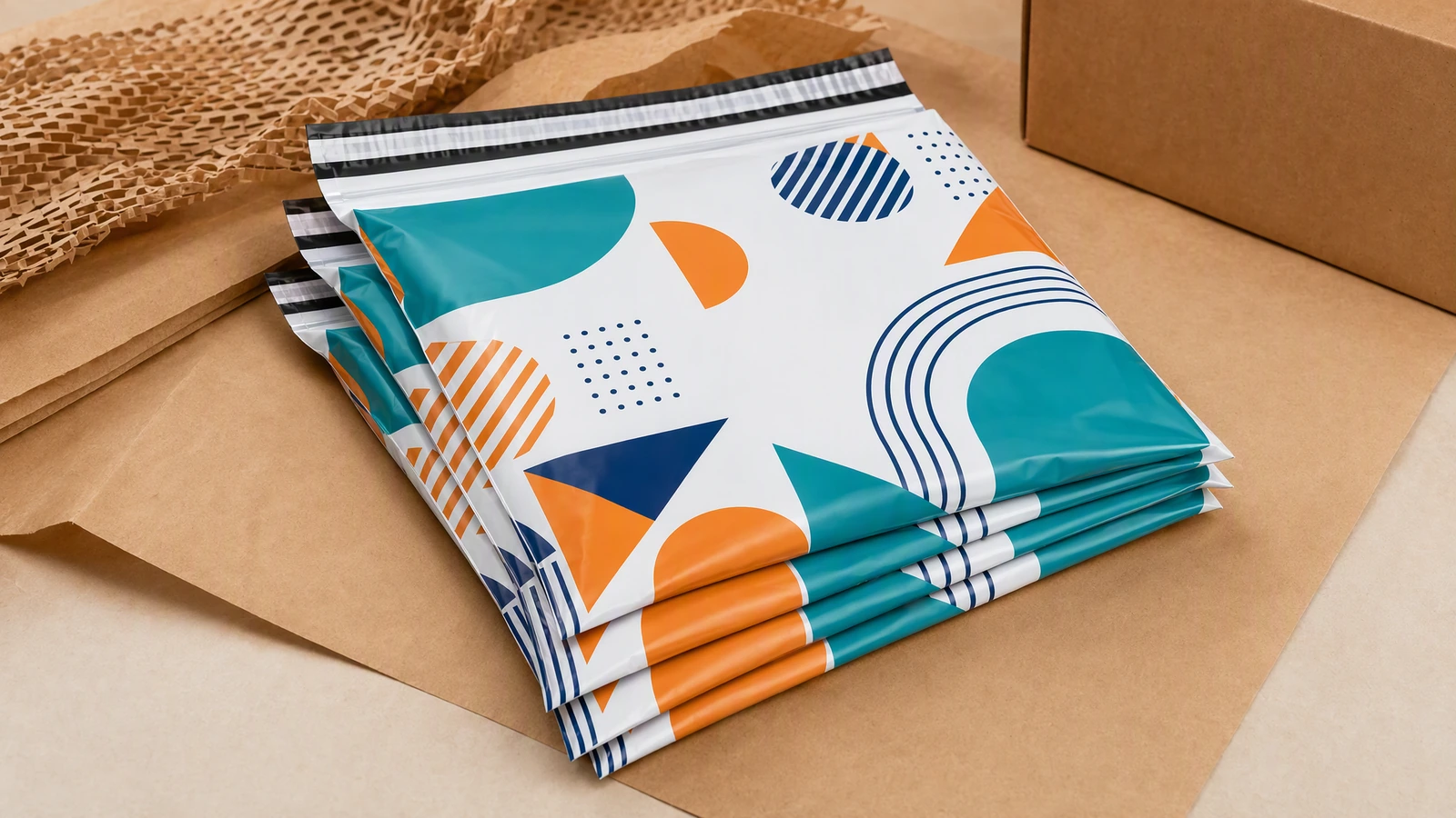 Gestapelte Versandtaschen mit geometrischem Druck Illustration gestapelter Versandtaschen mit geometrischem Druck auf Kraftpapier