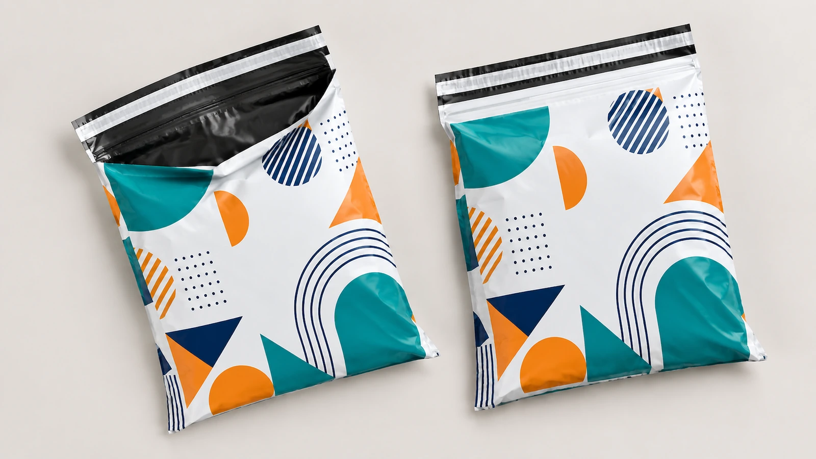Geöffnete und gefüllte bedruckte Versandtaschen Illustration passender Versandtaschen mit geometrischem Druck, eine geöffnet und eine gefüllt