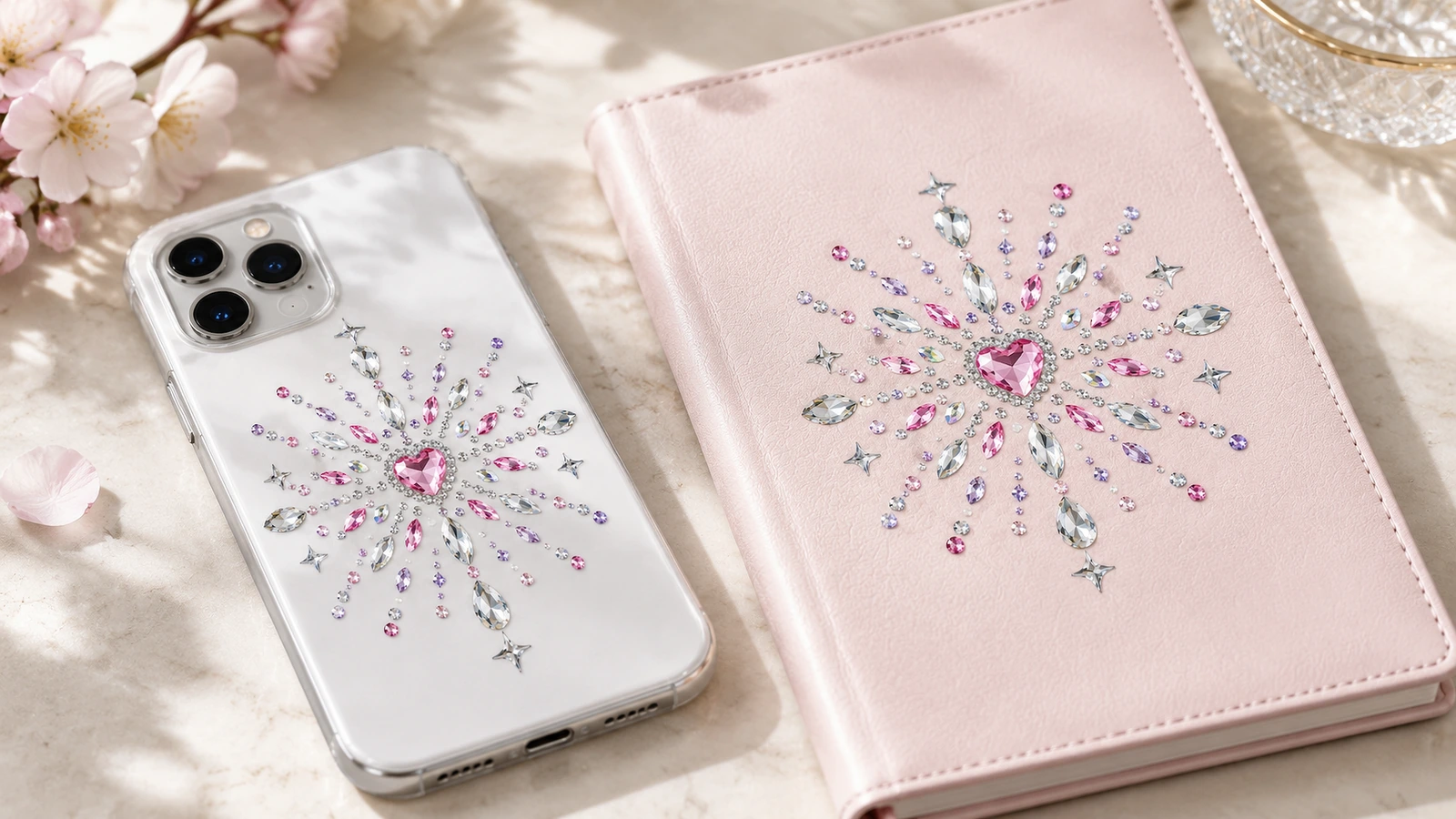 Passende rosa Strassmotive mit Herzmitte verzieren eine klare Handyhülle und ein rosa Notizbuch