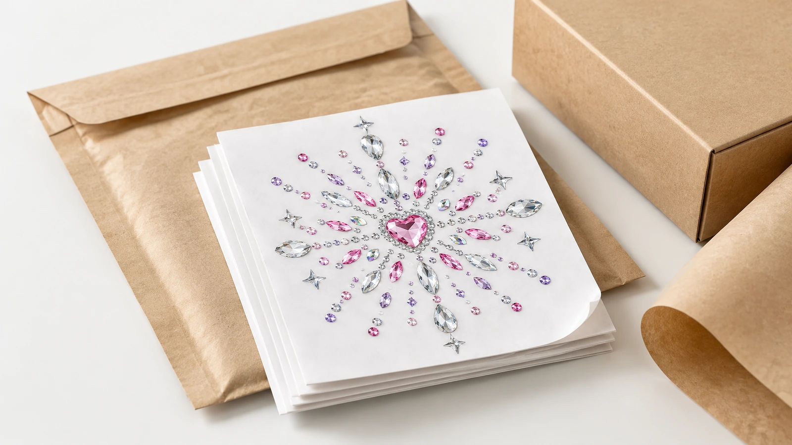 Ein Stapel weißer Bögen mit Strassmotiven mit Herzmitte neben einem Kraftpapierumschlag, einer Schachtel und einer Papierrolle