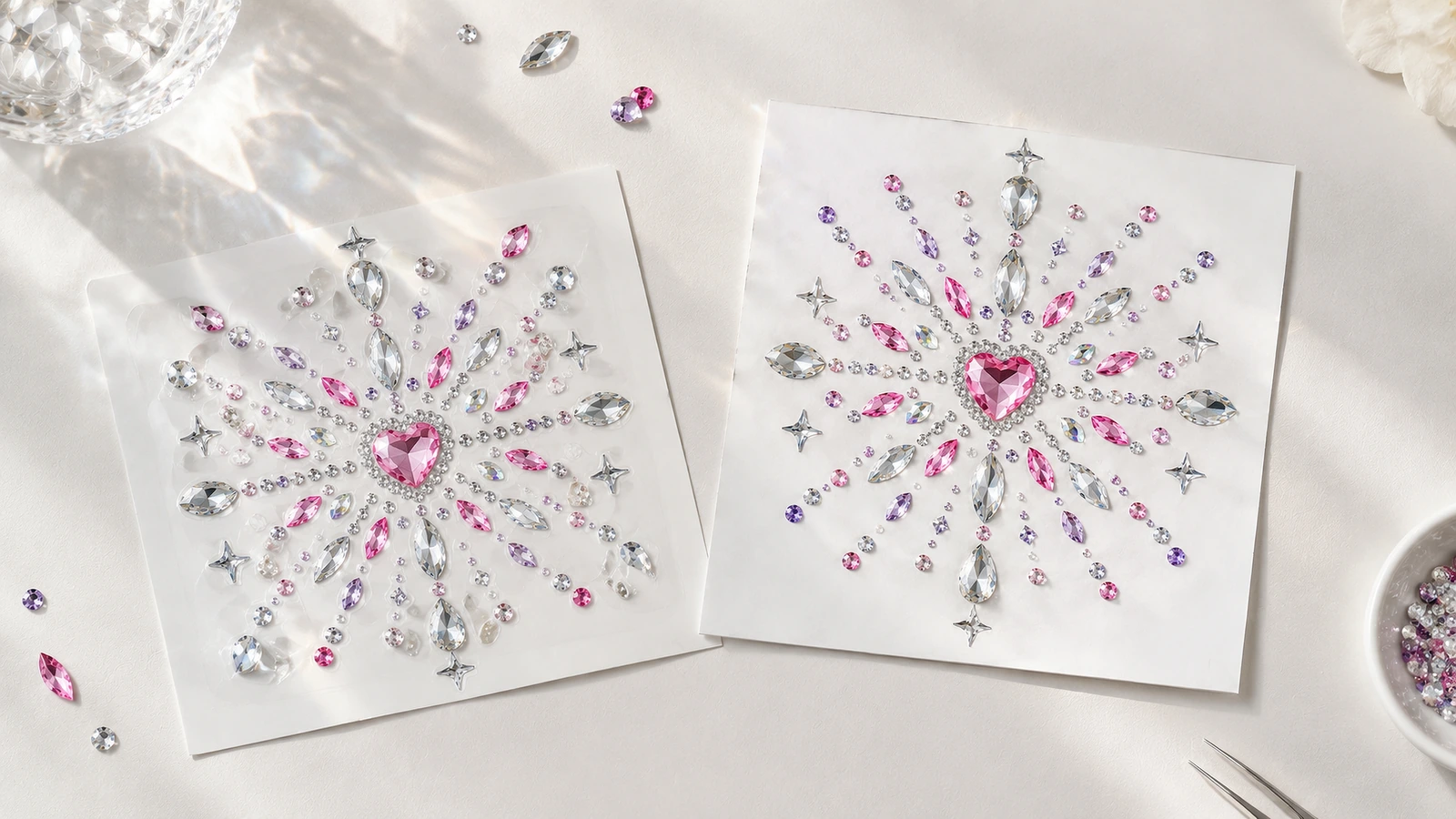 Zwei passende Strassmotive mit Herzmitte auf weißen Bögen mit rosa, lila und klaren Steinen