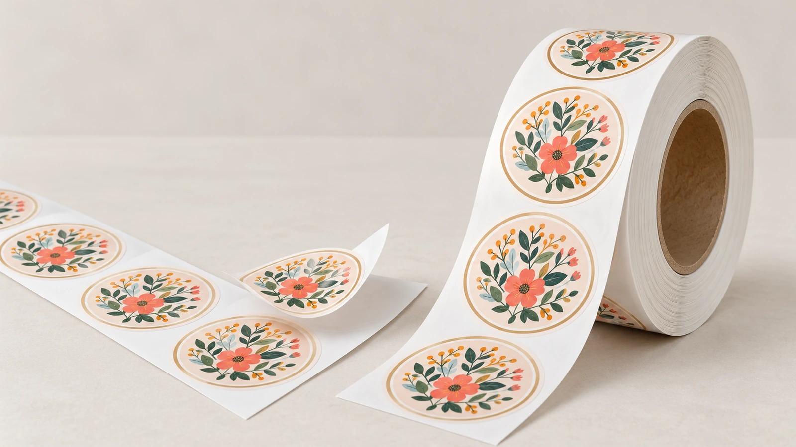 Runde Blumenmotiv-Etiketten auf einem abgerollten Streifen, wobei ein Etikett teilweise abgezogen neben einer aufrecht stehenden Rolle liegt