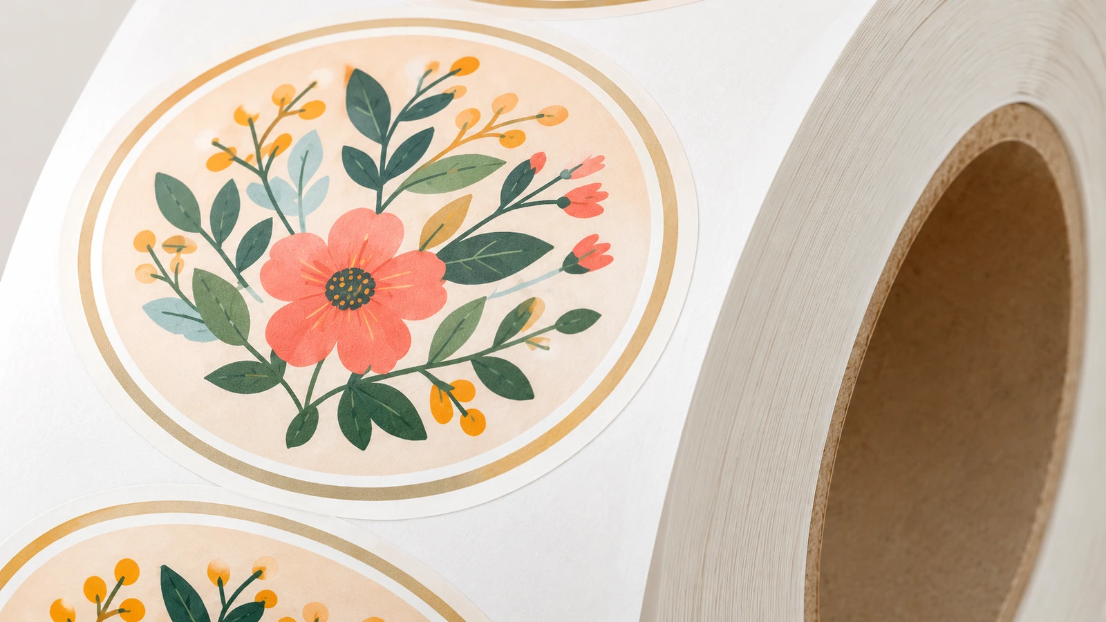Nahaufnahme eines runden Blumenmotiv-Etiketts auf einer weißen Rolle mit sichtbarer geschichteter Kante und Pappkern