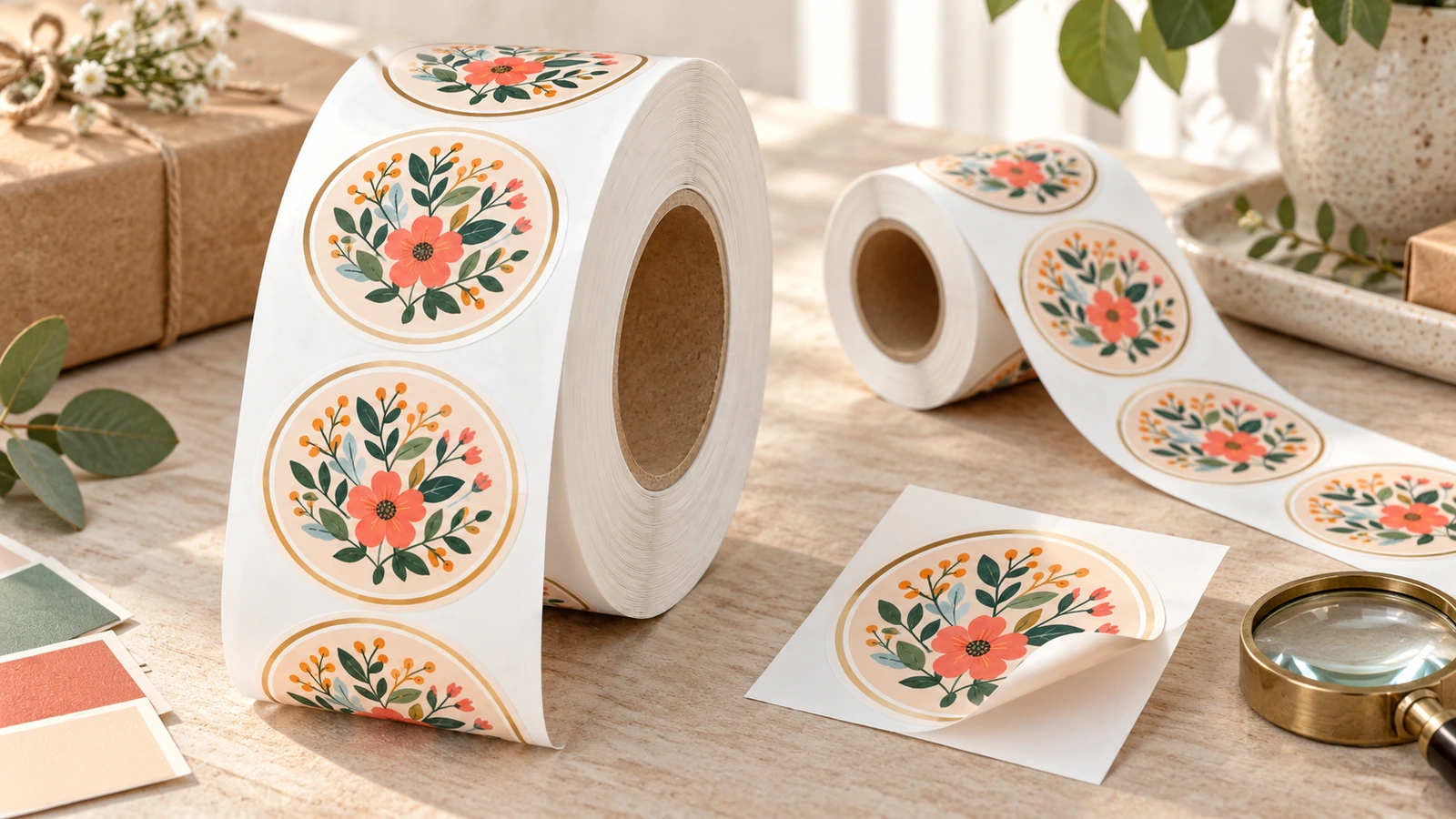Blumenmotiv-Etikettenrollen und ein loses Etikettenmuster auf einem Holztisch mit Farbmustern und einer Lupe