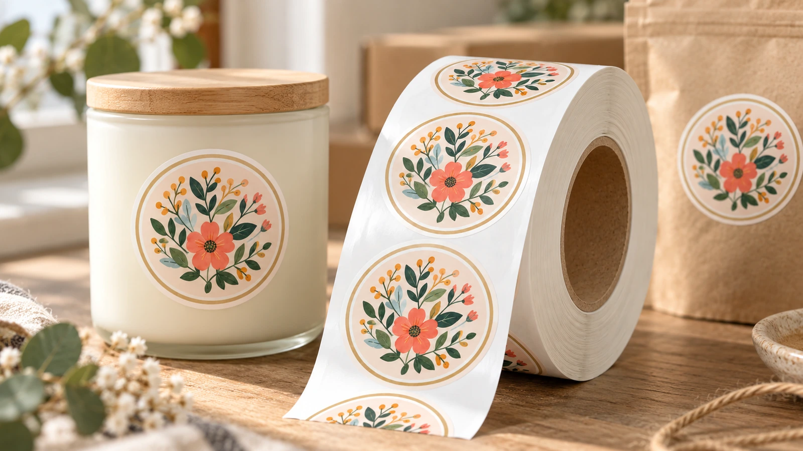 Eine Rolle Blumenmotiv-Etiketten neben einem Kerzenglas und einem Kraftpapierbeutel mit passenden runden Etiketten