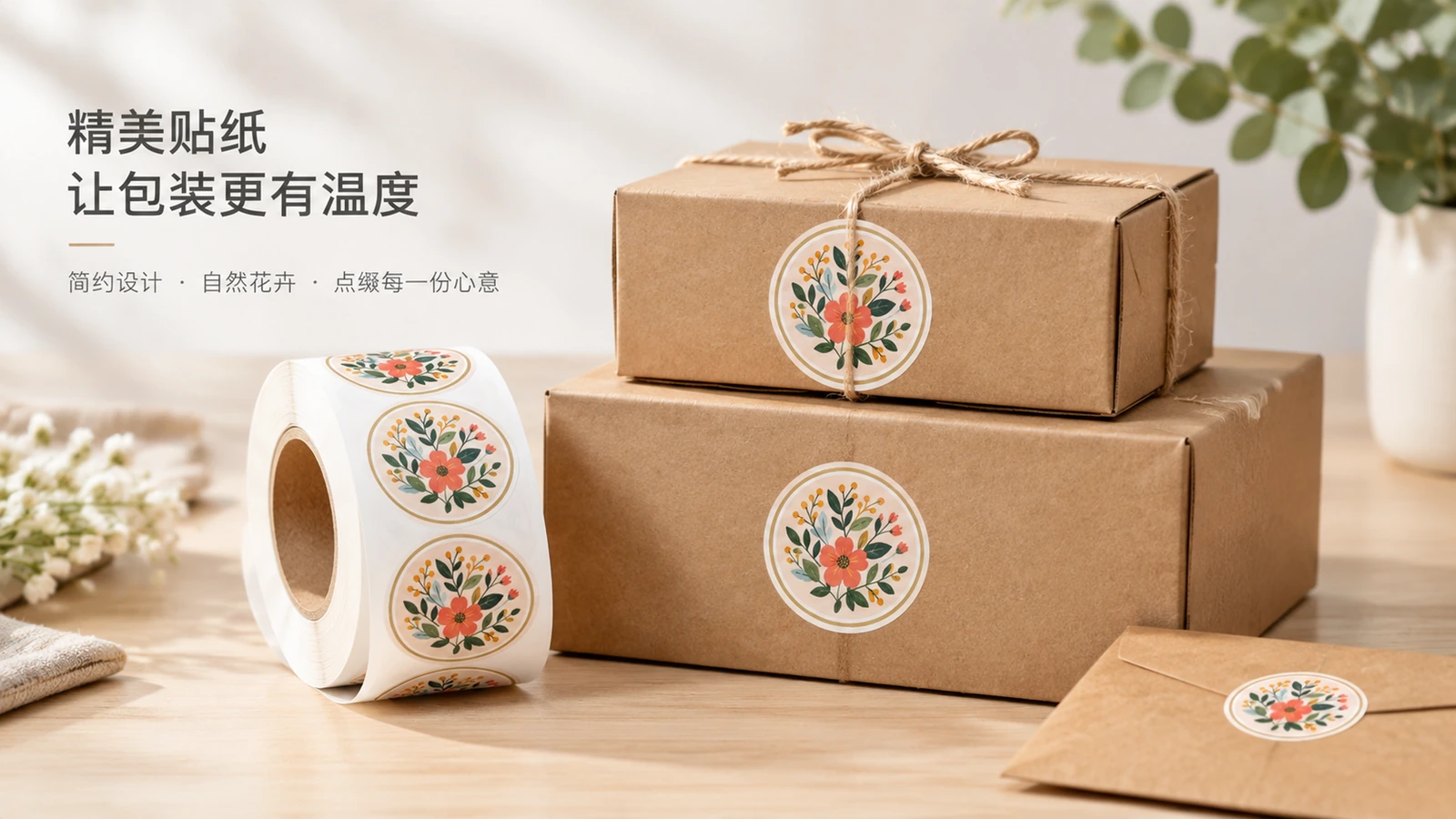 Blumenmotiv-Etikettenrolle neben gestapelten Geschenkkartons aus Kraftpapier und einem Umschlag, verziert mit passenden Etiketten