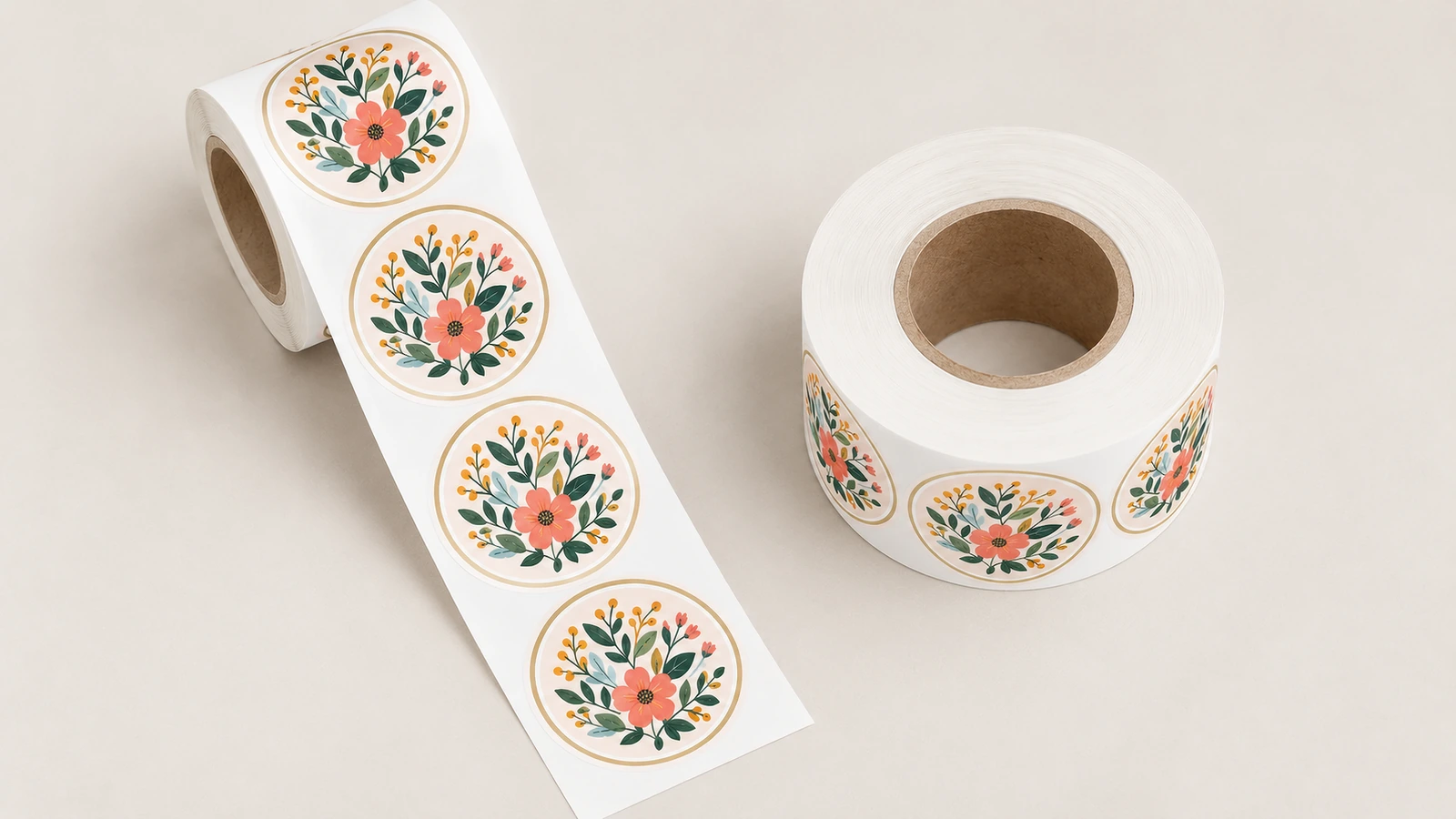 Zwei Rollen runder Blumenmotiv-Etiketten auf hellem Untergrund, wobei von einer Rolle ein Streifen abgerollt ist