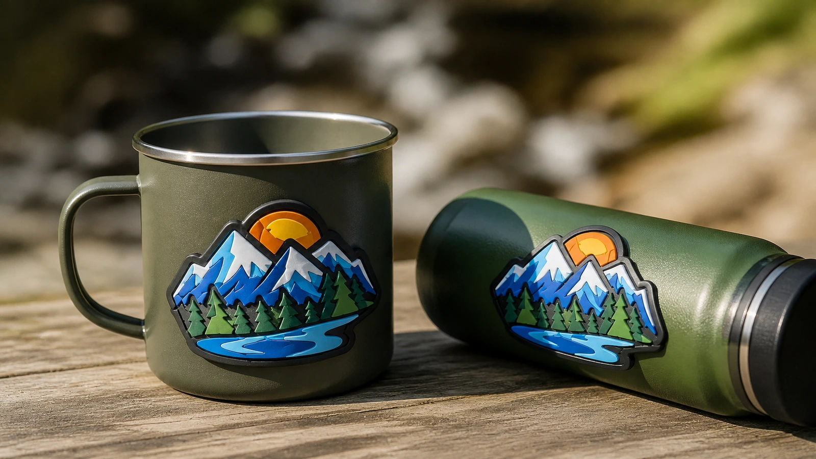 Etiketten mit Bergmotiv auf einem Campingbecher und einer Flasche neben einem Bach