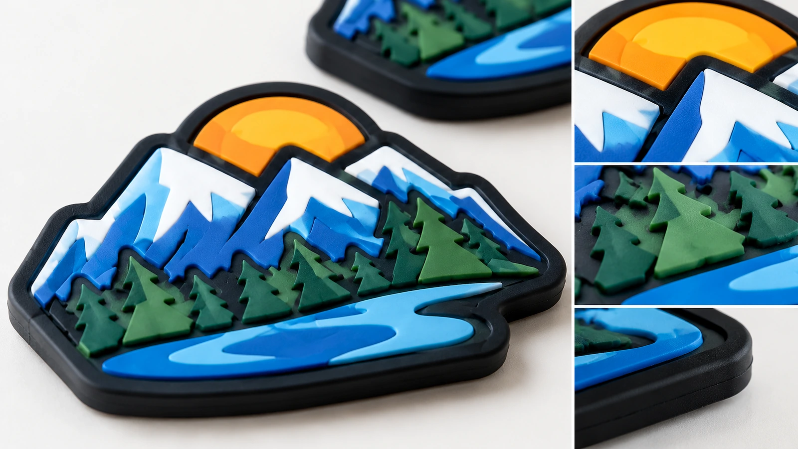 Nahaufnahme eines weichen PVC-Etiketts mit Bergmotiv und Detailausschnitten von Sonne, Bergen, Bäumen und Fluss
