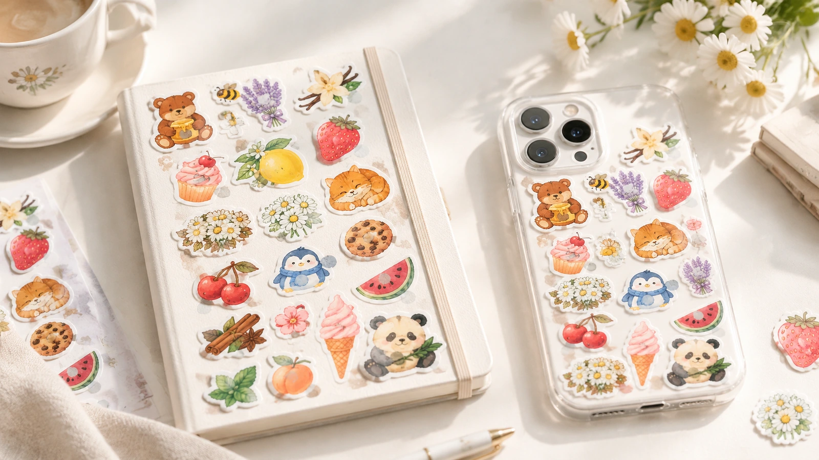 Passende Obst-, Blumen- und Tiersticker-Designs, auf einem Notizbuch und einer transparenten Handyhülle ausgestellt