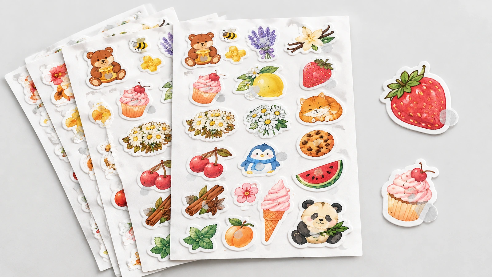 Draufsicht auf gestapelte illustrierte Sticker-Bögen mit separatem Erdbeer- und Cupcake-Sticker