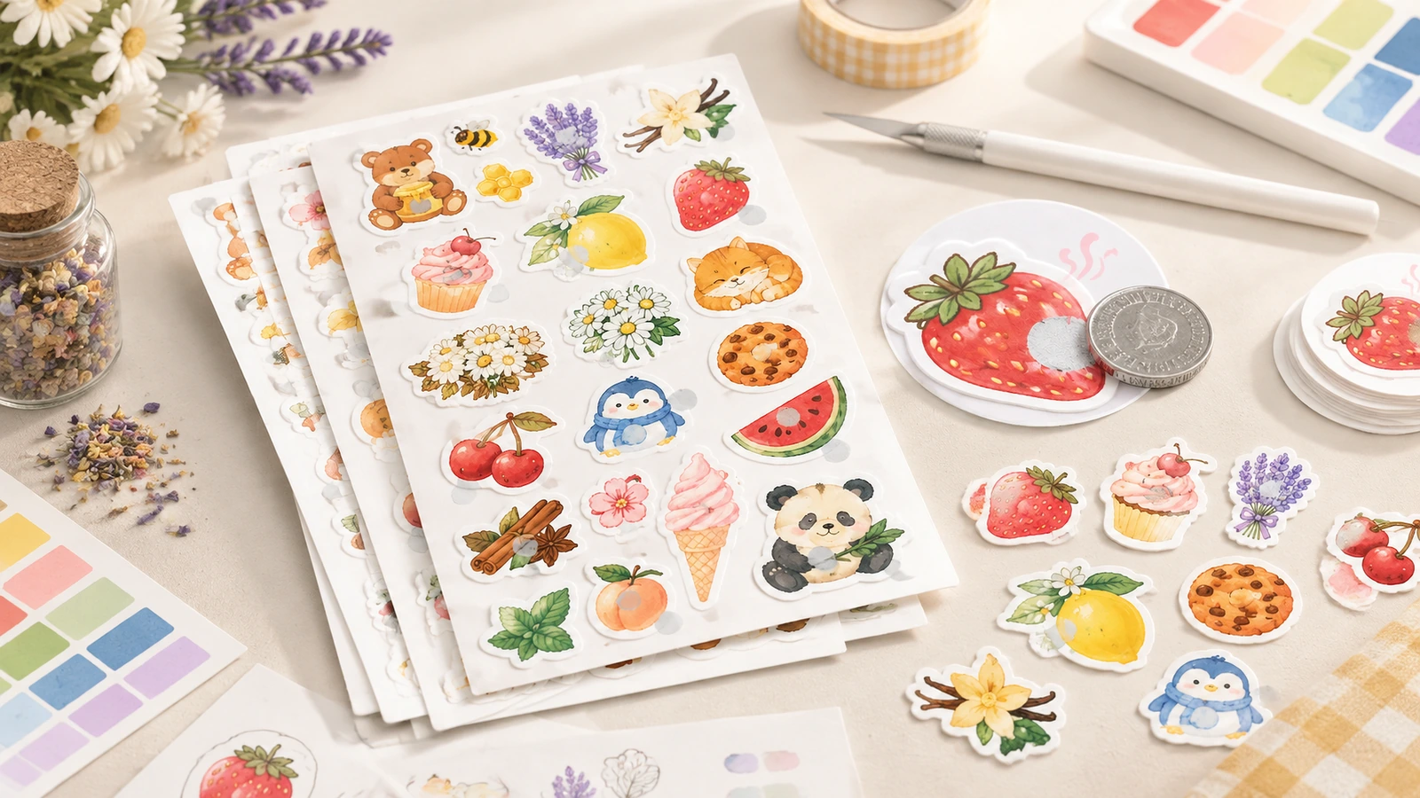 Illustrierte Sticker-Bögen und lose Obst-, Blumen- und Tiersticker, angeordnet mit Farbmustern und Zeichenwerkzeugen