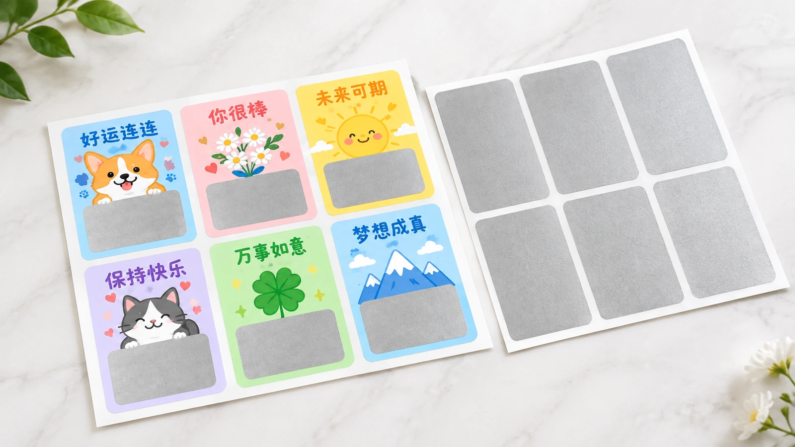 Belohnungskarten und rechteckiger Overlay-Bogen Bogen mit bunten Belohnungskarten mit chinesischsprachigen Botschaften neben einem Bogen mit rechteckigen silbernen Overlays
