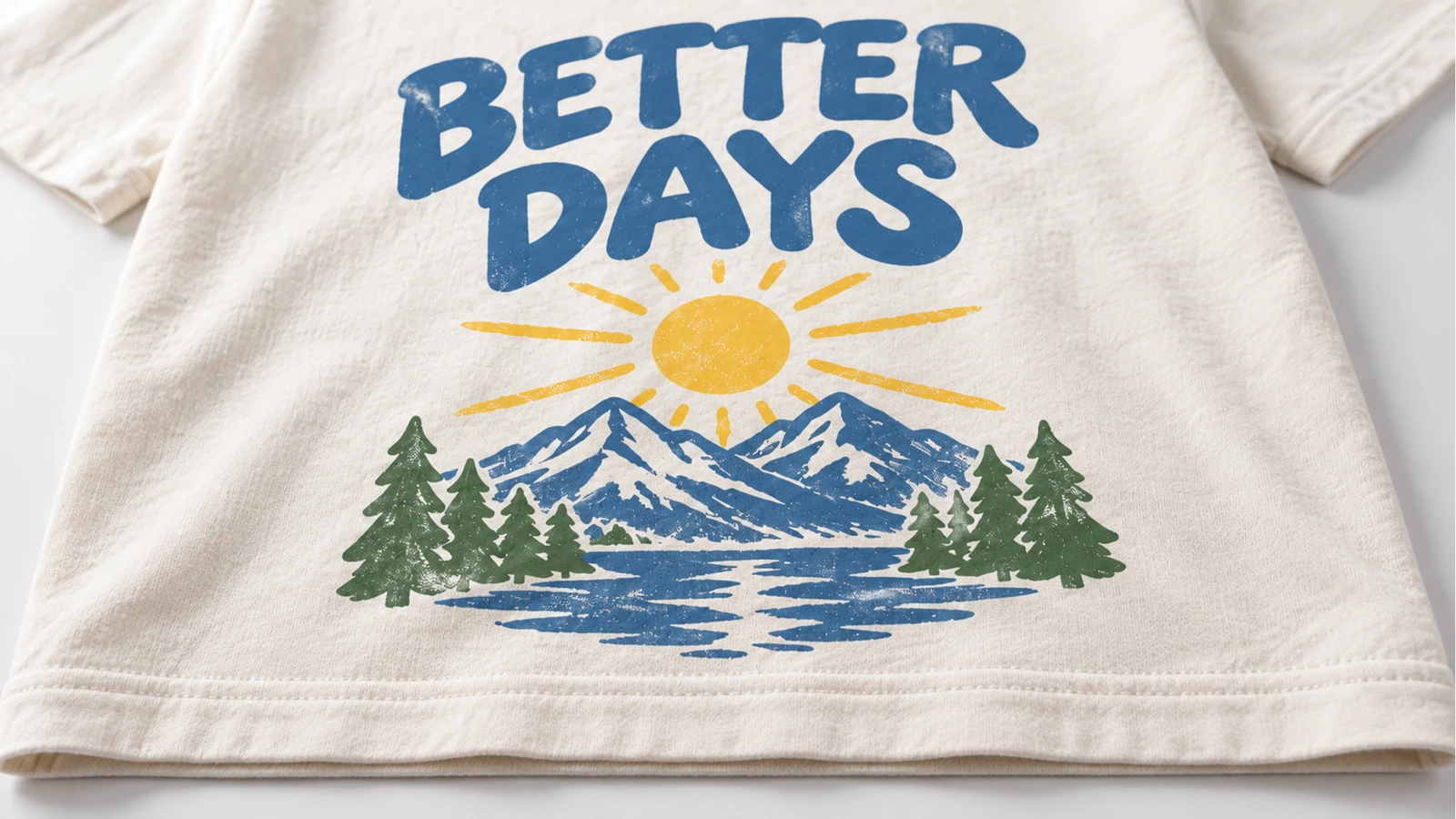 Detail des T-Shirt-Drucks Nahaufnahme einer blauen, gelben und grünen Berg-Grafik auf cremefarbenem Stoff