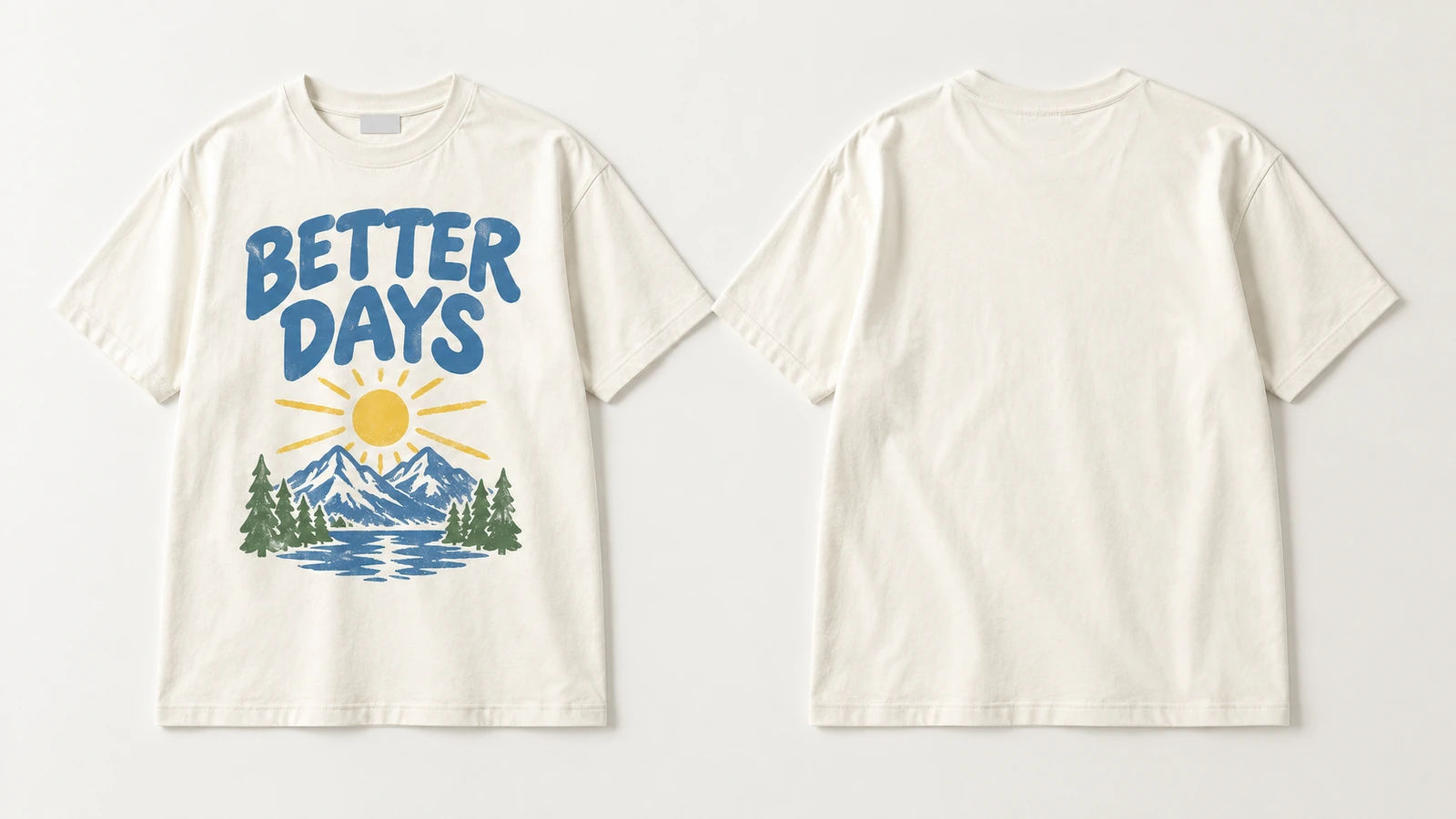Bedrucktes T-Shirt, Vorder- und Rückseite Vorder- und schlichte Rückansicht eines cremefarbenen T-Shirts mit Berg- und Sonnen-Grafik