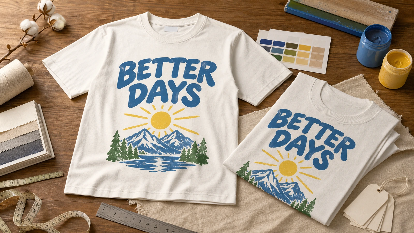 Bedruckte T-Shirts und Designmaterialien Bedruckte und gefaltete cremefarbene T-Shirts neben Farbbehältern, Farbmustern und Stoffproben