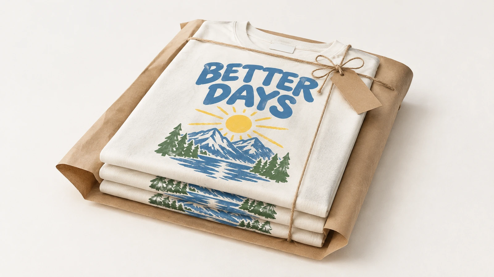 Papierverpackte bedruckte T-Shirts Gefaltete bedruckte T-Shirts, in Kraftpapier eingeschlagen und mit Schnur gebunden