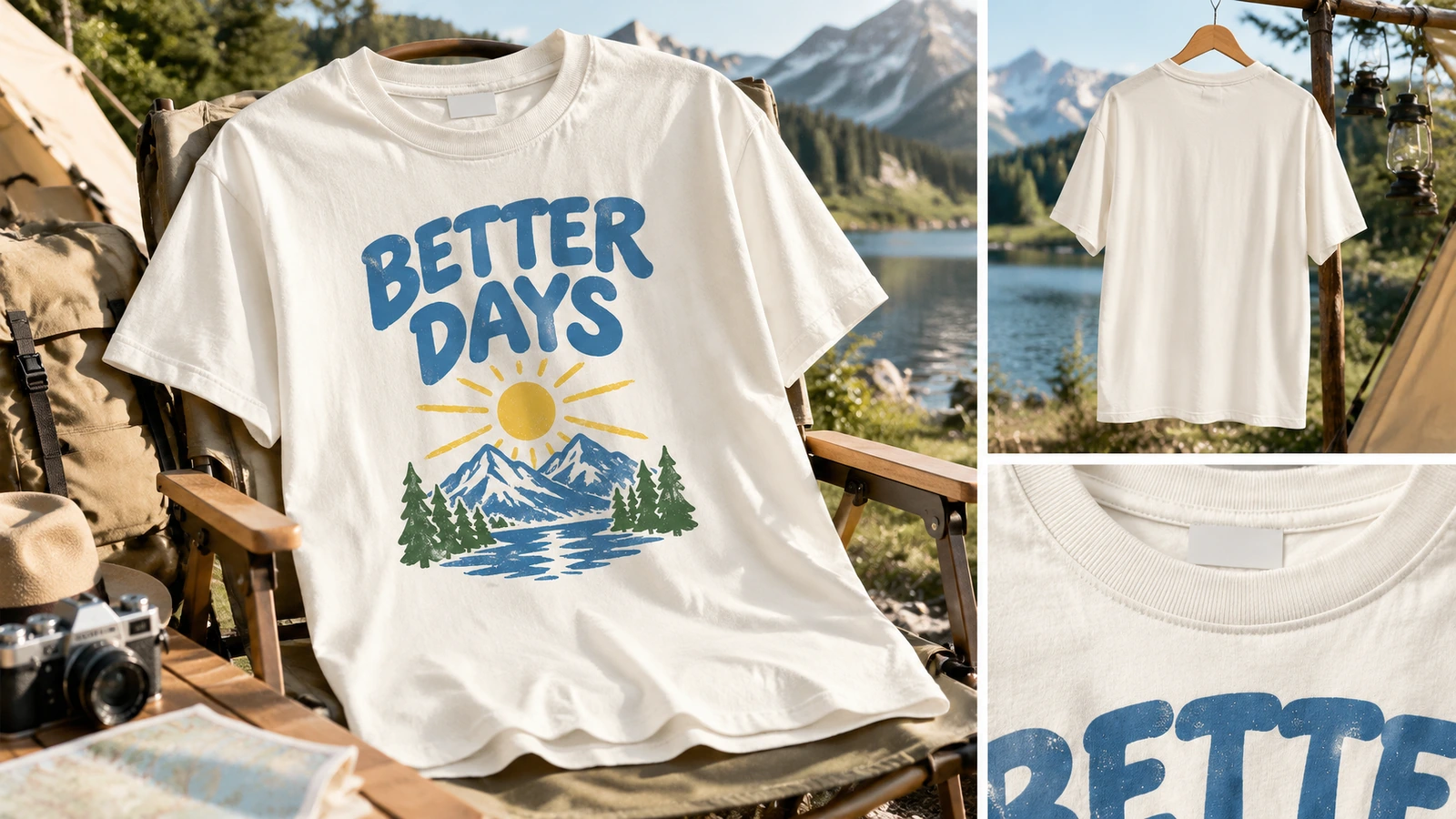 Outdoor-Display bedruckter T-Shirts Outdoor-Display von T-Shirts mit Detail-Einblendungen zur schlichten Rückseite und zum Halsausschnitt