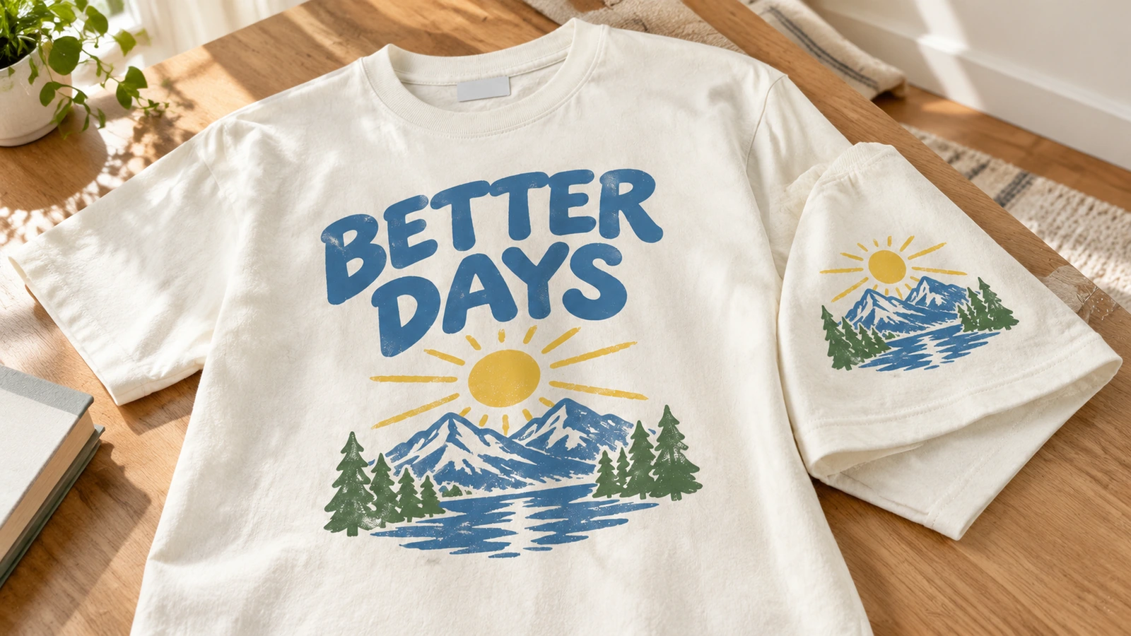 Bedruckte T-Shirts auf einem Tisch Bedrucktes cremefarbenes T-Shirt neben einem gefalteten Shirt mit passender Berg-Grafik