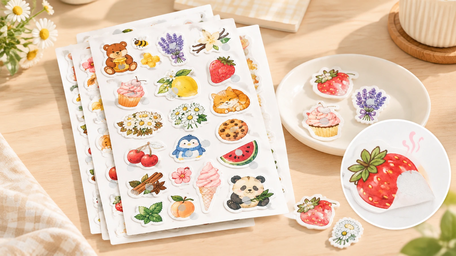 Illustrierte Sticker-Bögen und lose Sticker auf einem Holztisch mit vergrößertem Erdbeersticker und abgehobenem Trägerpapier