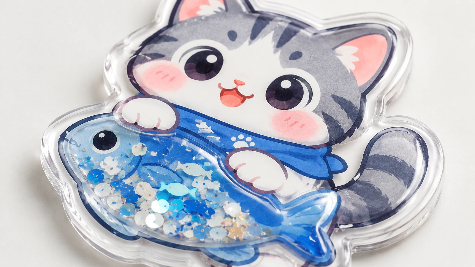 Katze-und-Fisch-Shaker-Sticker in Nahaufnahme Nahaufnahme eines Katze-und-Fisch-Shaker-Stickers mit dem Druckmotiv, klarem erhabenem Rand und blauen Pailletten