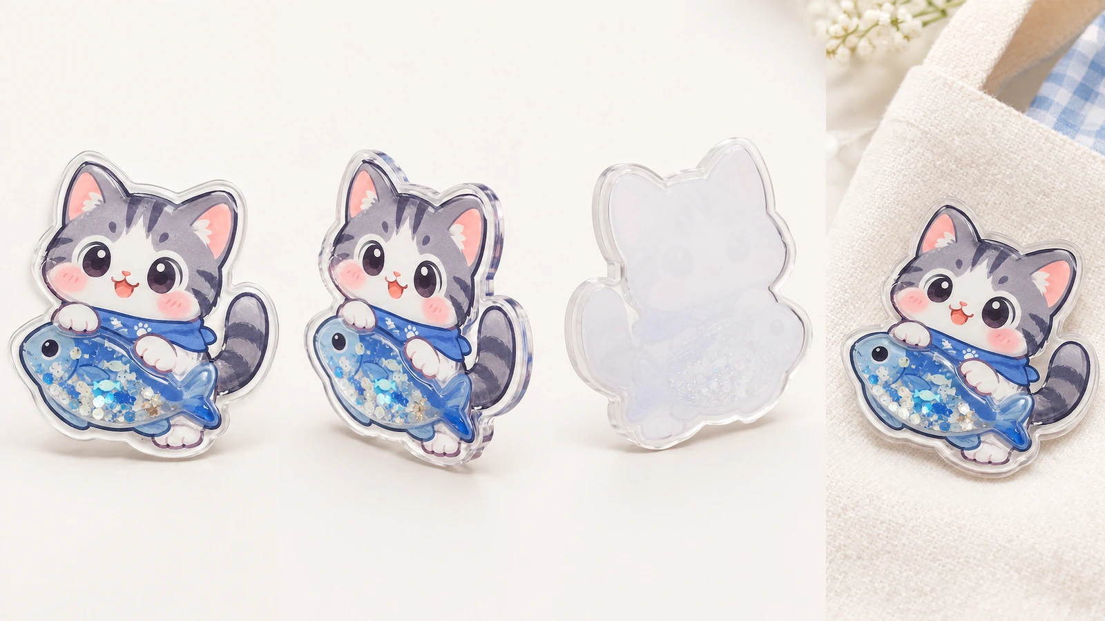 Shaker-Sticker: Vorder-, Schräg- und Rückansicht Vorder-, Schräg- und Rückansicht eines Katze-und-Fisch-Shaker-Stickers, von links nach rechts auf heller Fläche angeordnet