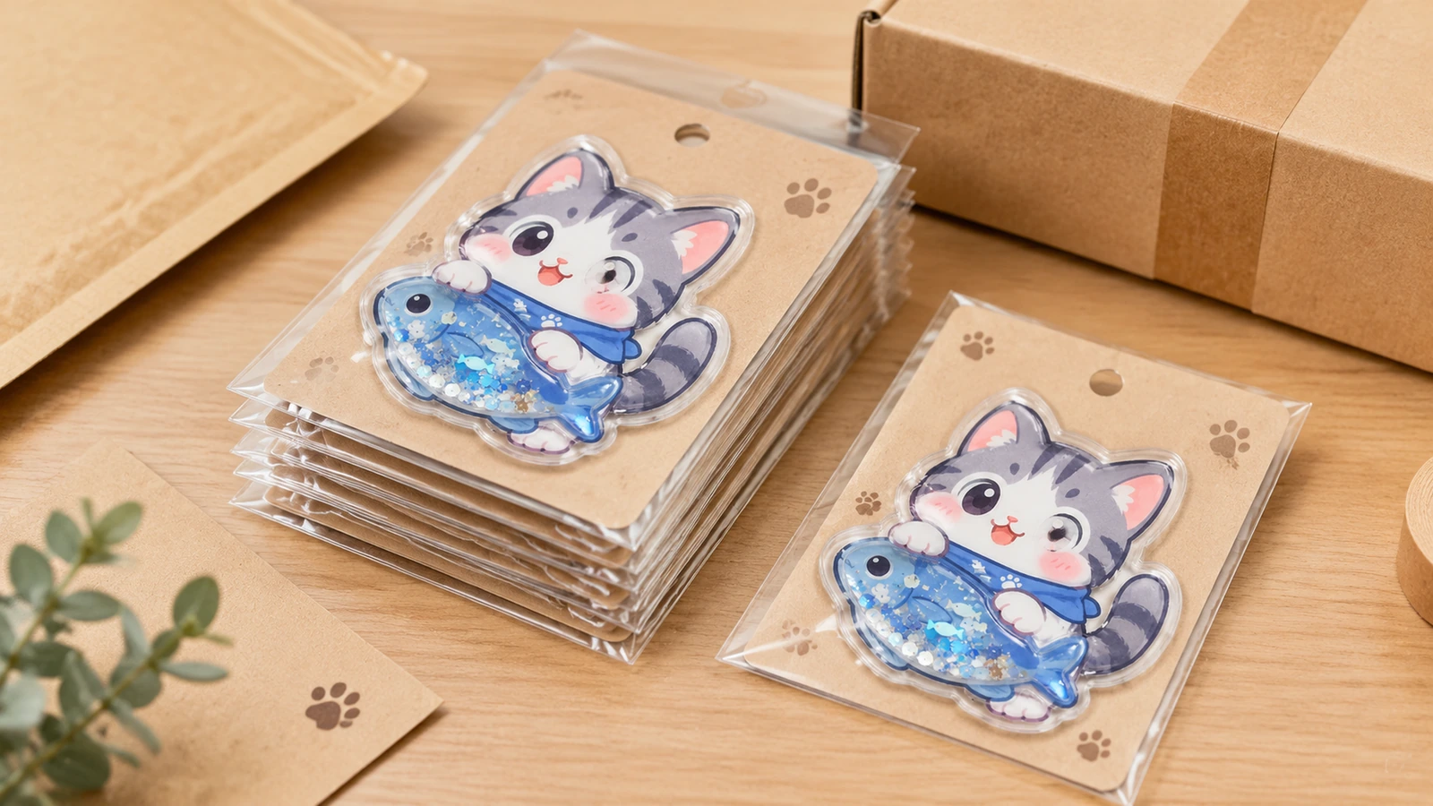 Einzeln verpackte Shaker-Sticker Einzeln verpackte Katze-und-Fisch-Shaker-Sticker mit Trägerkarten aus Kraftpapier in klaren Hüllen neben einem Karton