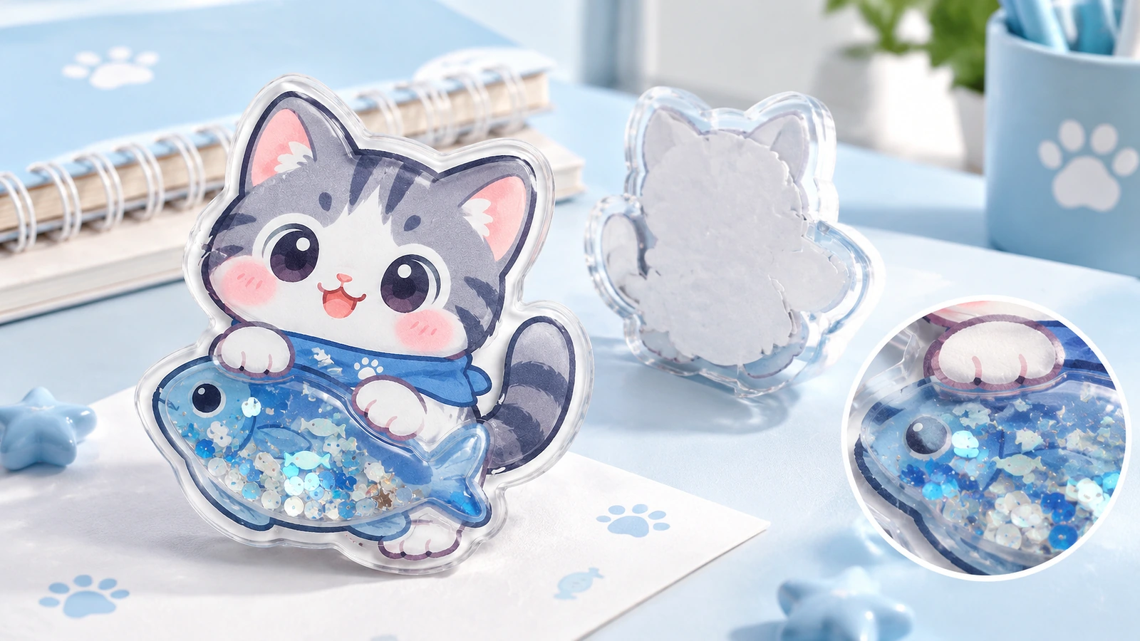 Shaker-Sticker: Vorder- und Rückseite sowie Paillettendetail Vorder- und Rückansicht eines Katze-und-Fisch-Shaker-Stickers mit kreisförmiger Nahaufnahme der blauen Pailletten auf einem hellblauen Schreibtisch