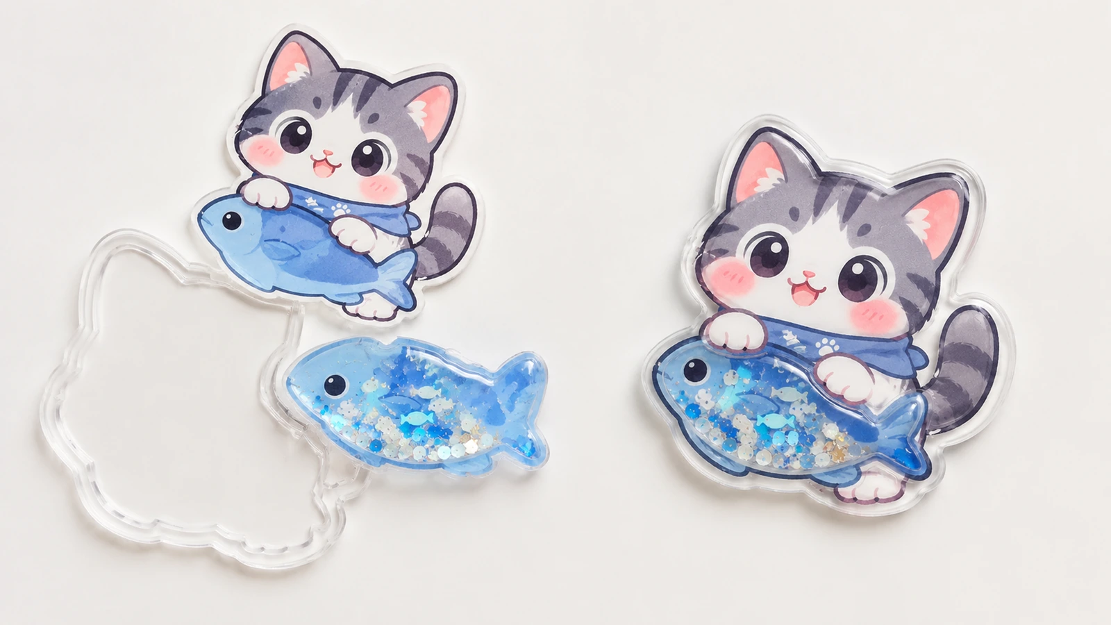 Bestandteile des Shaker-Stickers und montierte Ansicht Bedrucktes Katze-und-Fisch-Teil, klare Blisterschale, blau gefüllter Fischbereich und fertig montierter Shaker-Sticker auf einer weißen Oberfläche