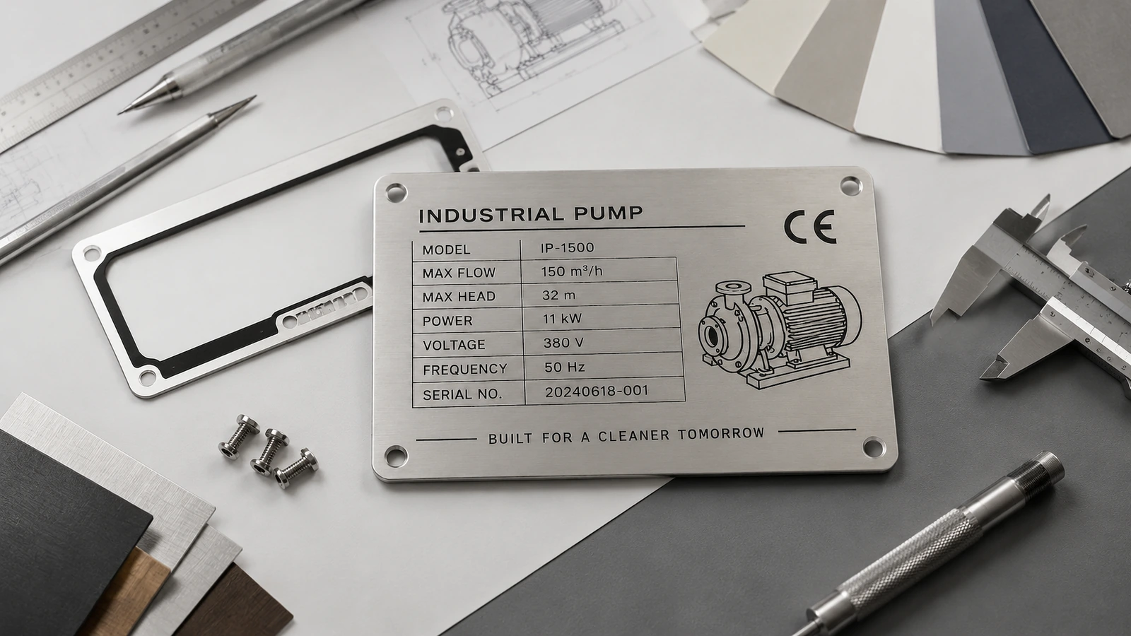 Edelstahl-Typenschild für Industriepumpen mit vier Befestigungsbohrungen auf einer Werkbank neben Zeichnungen, Messschiebern und Befestigungselementen