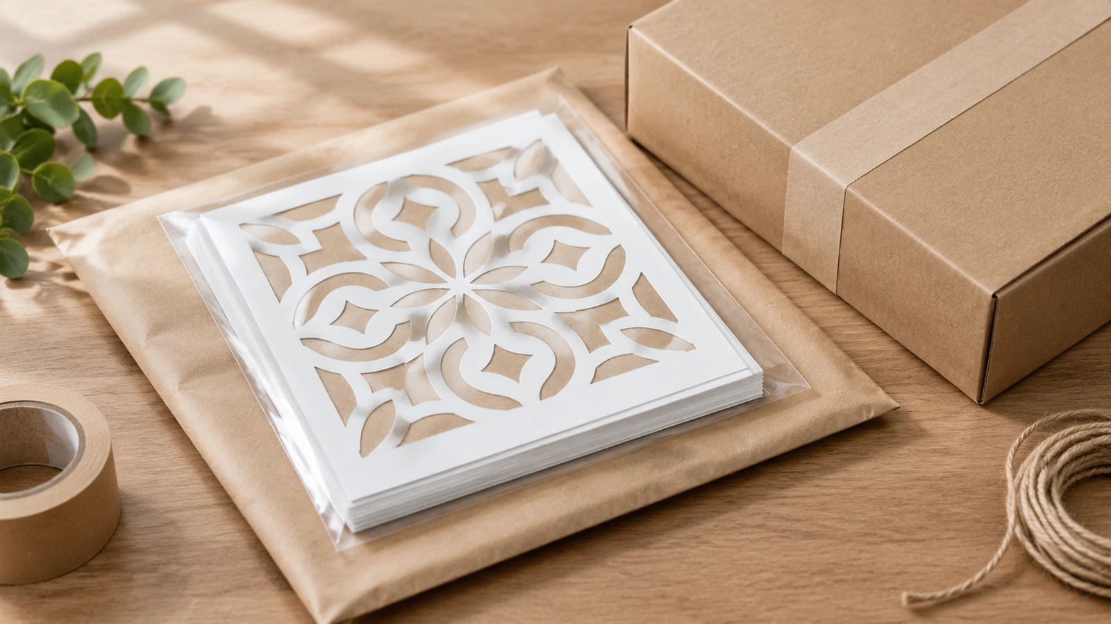 Gestapelte Blumenschablonenbögen in einer klaren Hülle auf einem Kraftpapier-Versandumschlag neben einem Karton