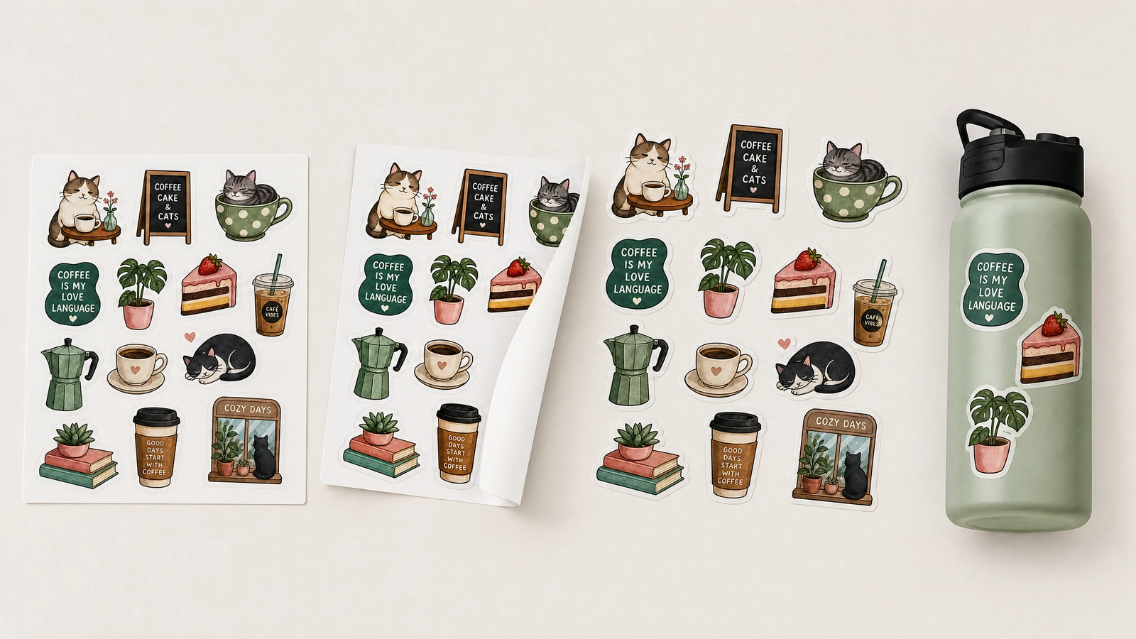 Stickerbögen und passende Flaschendekorationen Stickerbögen mit Katzen- und Kaffeemotiven und losen Motiven neben einer Flasche mit passenden Stickern