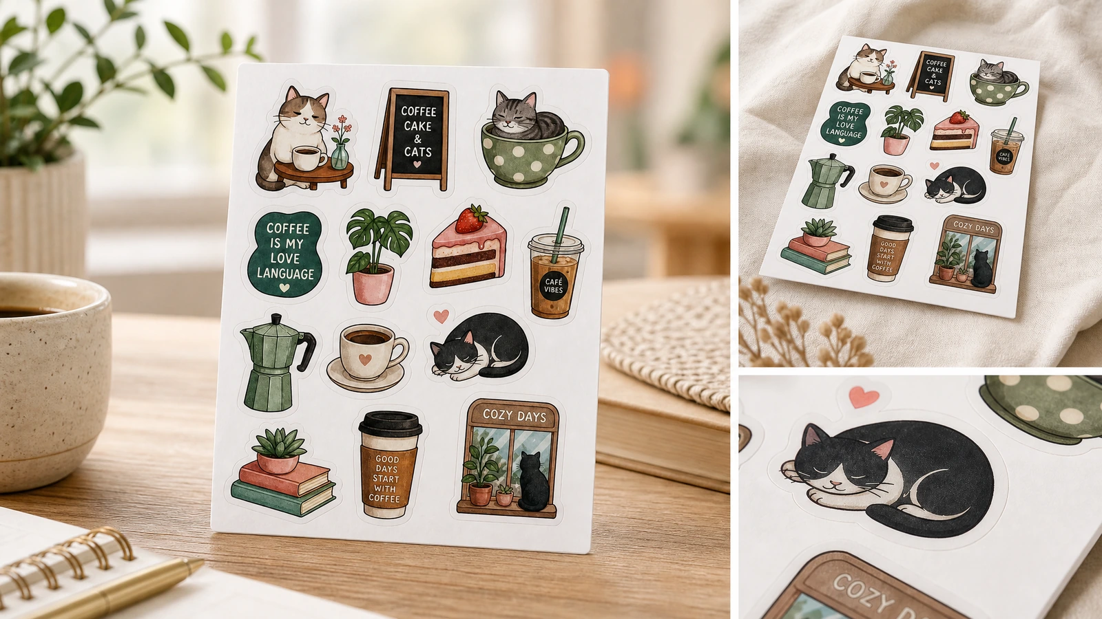 Collage aus Stickerbögen mit Katzen- und Kaffeemotiv Collage mit einem Stickerbogen mit Katzen- und Kaffeemotiv auf einem Schreibtisch, auf Stoff und in Nahaufnahme
