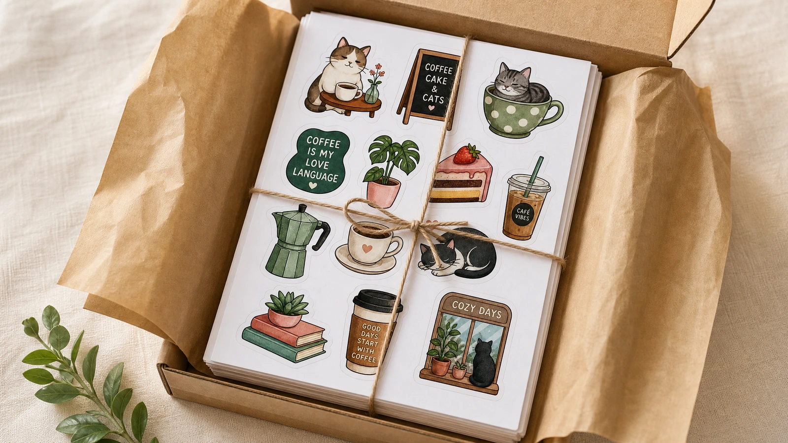 Stickerbögen in einer Kraftpapier-Schachtel verpackt Ein Stapel Stickerbögen mit Katzen- und Kaffeemotiven, mit Schnur gebunden, in einer mit Seidenpapier ausgelegten Kraftpapier-Schachtel