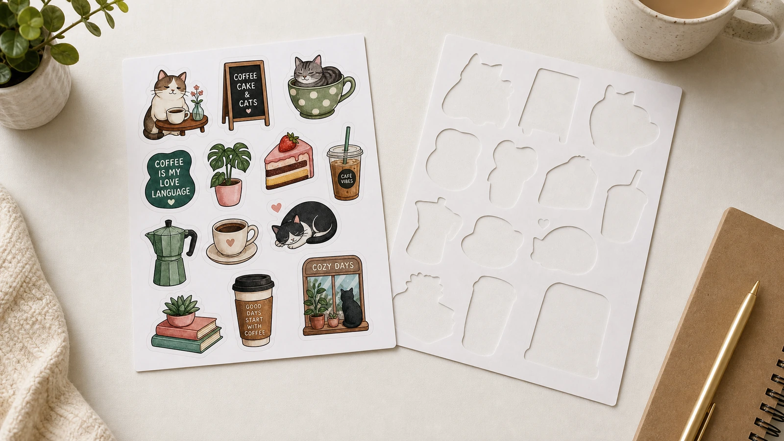 Stickerbogen und leere Ausschnittkonturen Stickerbogen mit Katzen- und Kaffeemotiven neben einem Bogen mit leeren Ausschnittkonturen