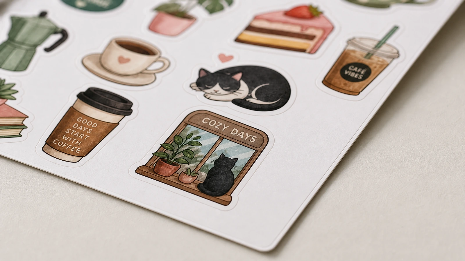 Nahaufnahme von Katzen- und Kaffee-Stickern Nahaufnahme von Kaffeetassen, einer schlafenden Katze, Kuchen und Pflanzen-Stickern auf einem weißen Bogen