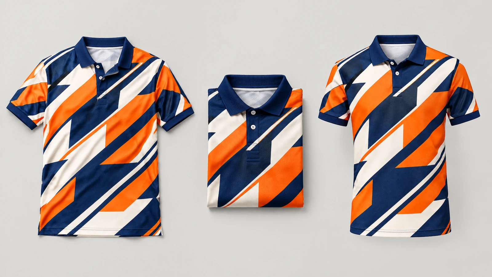 Ansichten des geometrisch gemusterten Poloshirts Drei Ansichten eines geometrisch gemusterten Poloshirts in Marineblau, Orange und Weiß, darunter eine gefaltete Version