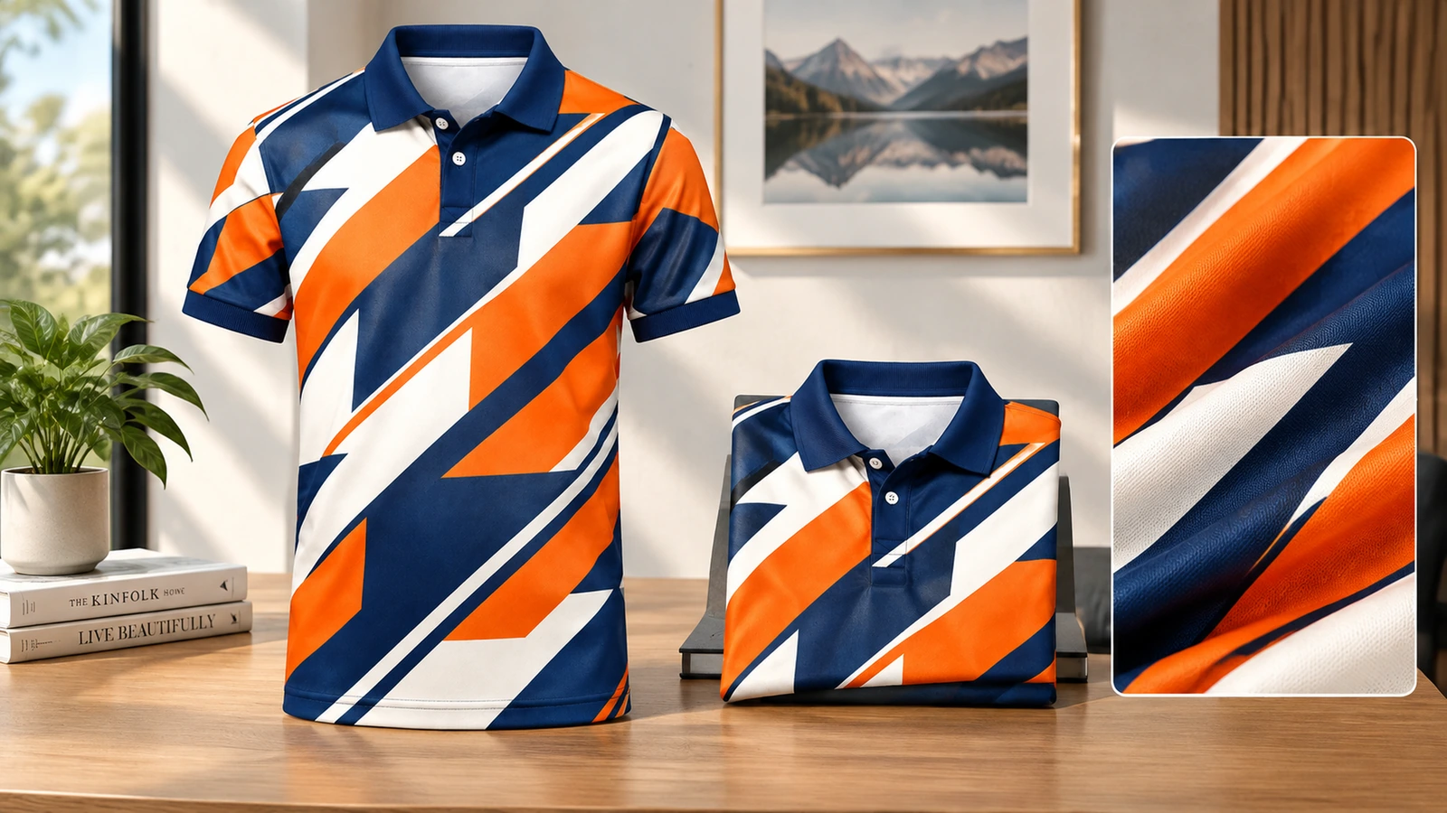 Gemustertes Poloshirt und Stoffdetail Gemustertes Poloshirt, aufrecht und gefaltet auf einem Tisch, mit eingesetzter Nahaufnahme des Stoffs