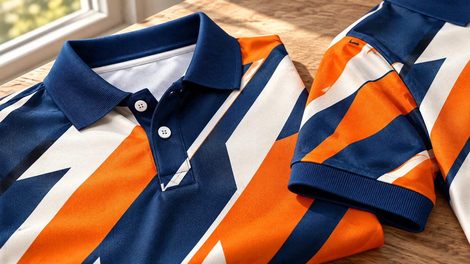 Details von Kragen, Knopfleiste und Bündchen Nahaufnahme gemusterter Poloshirts mit marineblauen Kragen, Knopfleisten und einem Ärmelbündchen